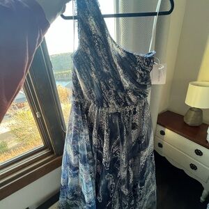 Marchesa One-Shoulder Navy and White Printed Maxi Dress